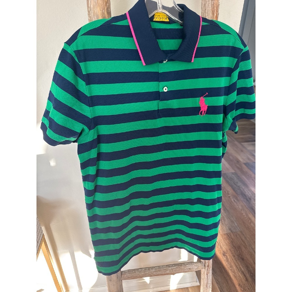 Polo Golf Ralph Lauren Men Performance Polo Blue Green‎ Striped Mesh M Pink Pony - Picture 8 of 8